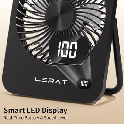 Lerat Portable Desk Fan Black - Rechargeable USB Mini Fan with LED Display, 5 Speeds, Foldable & Ultra-Quiet for Travel & Office