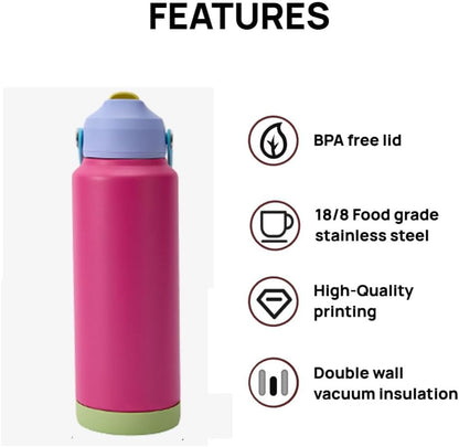 Skiennix 32 oz Insulated Water Bottle - Stainless Steel, Leak-Proof, Flip-Top Straw Lid, Raspberry