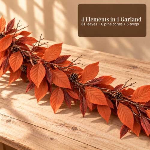 9 Ft Fall Garland for Mantel and Decor - Artificial Autumn Leaves