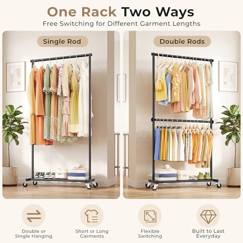 Double Rod Clothes Rack - 35" Wide Hanging & Storage Garment Rack - Black - Double Rod Variation