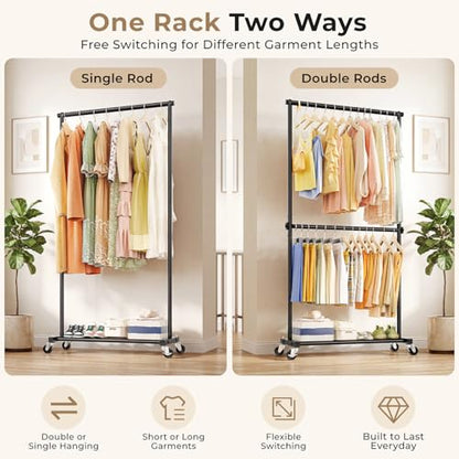 Double Rod Clothes Rack - 35" Wide Hanging & Storage Garment Rack - Black - Double Rod Variation