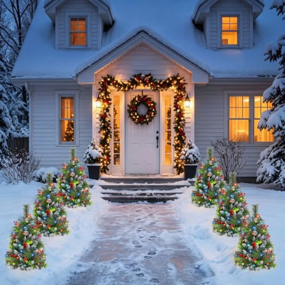 30 Inch Outdoor Christmas Tree Set with Lights - 2 Pack Prelit Holiday Decor