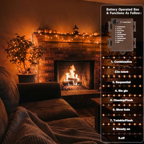 JUSTPRO 100 LED Orange Fall String Lights Battery Operated with Multi-Function Modes - Indoor Decor