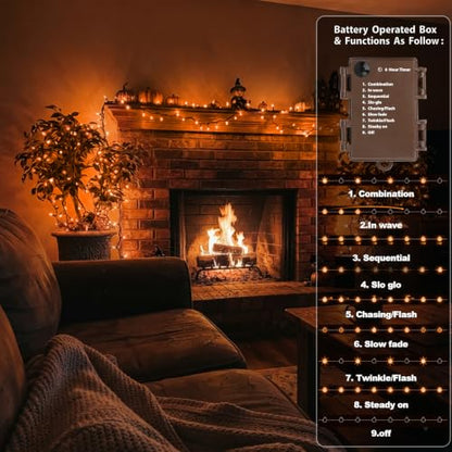 JUSTPRO 100 LED Orange Fall String Lights Battery Operated with Multi-Function Modes - Indoor Decor