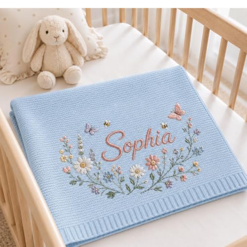 Baby Blanket Custom Embroidered Floral Knitted Nursery Throw - Style 1