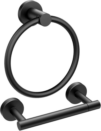 FORIOUS Toilet Paper Holder Set - SUS304 Stainless Steel Double Post & Hand Towel Ring | Matte Black Finish