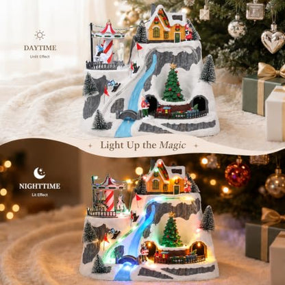 VCUTEKA Christmas Village Houses with Ski Slope, Moving Train & Carousel - Ski Peak Variation