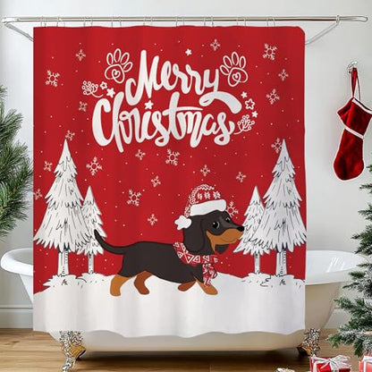 Dachshund Christmas Shower Curtain - 71x71 Inch Holiday Fabric Bath Decor Variation