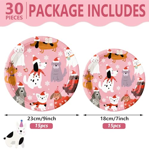 Christmas Dog Paper Plates Set - 9 & 7 Inch Pink Puppy Party Supplies, 30 Pcs - Variation: Christmas Dog