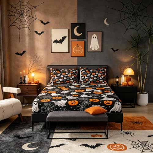 Halloween Ghost Bed Sheets Set Queen Size Deep Pocket Bedding with Pumpkin & Spider Web - Dark Gray/Black