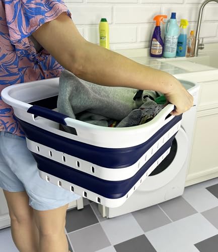 SAMMART 42L (11 gallon) Collapsible Plastic Laundry Basket - Foldable Pop Up Storage Container/Organizer - Space Saving Hamper/Basket (1, White/Quartz Pink)