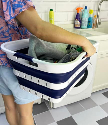 SAMMART 42L (11 gallon) Collapsible Plastic Laundry Basket - Foldable Pop Up Storage Container/Organizer - Space Saving Hamper/Basket (1, White/Quartz Pink)