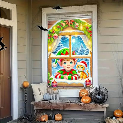 Elf Cat Christmas Window Banner - Fabric 31x47 Inch - Color 3