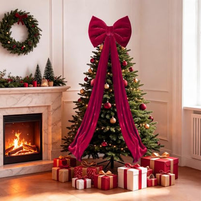 Large Velvet Christmas Tree Topper Bow - Red Burgundy Holiday Decor 60x16 In