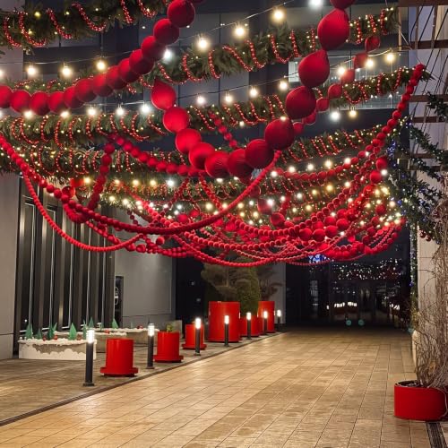 Giant Red Velvet Christmas Ball Garland Set - 3 Pcs 19.68ft with Tassels, Modern Style