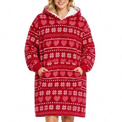Wearable Blanket Hoodie for Adults - Fleece-Lined Cozy Oversized Wrap with Hood - Red Christmas Variation