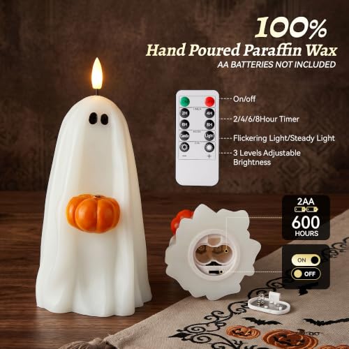 Halloween Ghost Flameless Candles with Pumpkin, Remote Control, Real Wax, Battery Operated Decor