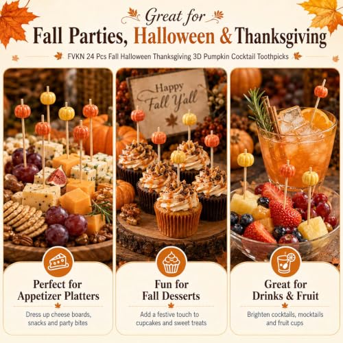 Fall Halloween Thanksgiving 3D Pumpkin Cocktail Toothpicks - Orange