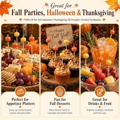 Fall Halloween Thanksgiving 3D Pumpkin Cocktail Toothpicks - Orange