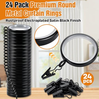 24 Pack Metal Curtain Rings with Clips - 1-5/8 Inch ID for 1-1/4 Inch Rods