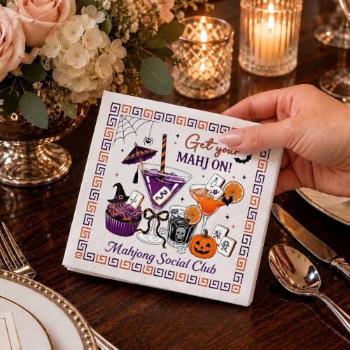 Halloween Mahjong Cocktail Napkins - Spooky Bat & Pumpkin Party Decor