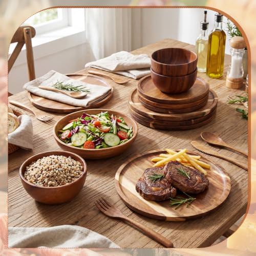 42 Pcs Acacia Wood Dinnerware Set - Wooden Plates Bowls & Utensils, Variation 42