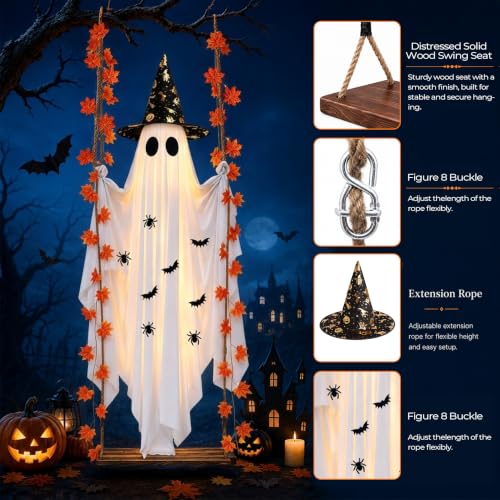 Large Outdoor Hanging Ghost Decor with Witch Hat & LED Lights - 5.4FT Halloween Yard & Porch Decoration