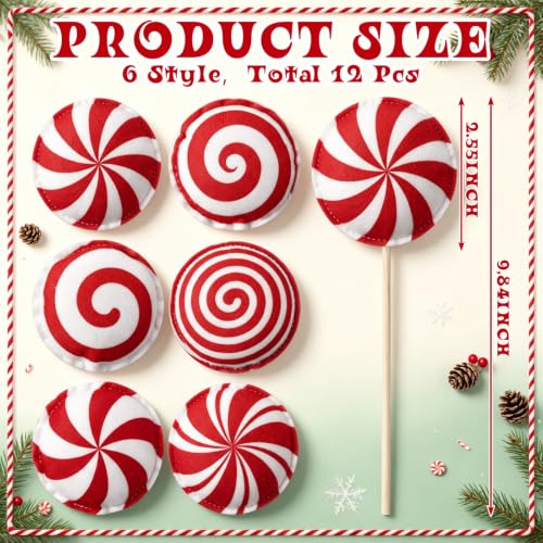 Christmas Lollipop Decorations - 12 Pcs Fabric Candy on Sticks - Variation of Lollipop