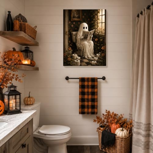 Halloween Canvas Wall Art Ghost Reading Bathroom - 8x10 Inches - Karani