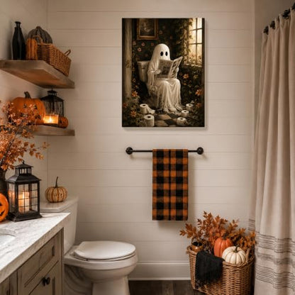 Halloween Canvas Wall Art Ghost Reading Bathroom - 8x10 Inches - Karani