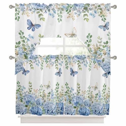 Blue Hydrangea Swag Kitchen Curtain Set - 3 Piece Blue Floral Window Valance and Tier, 27.5" x 24", Variation of THIS listing