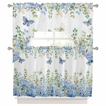 Blue Hydrangea Swag Kitchen Curtain Set - 3 Piece Blue Floral Window Valance and Tier, 27.5" x 24", Variation of THIS listing