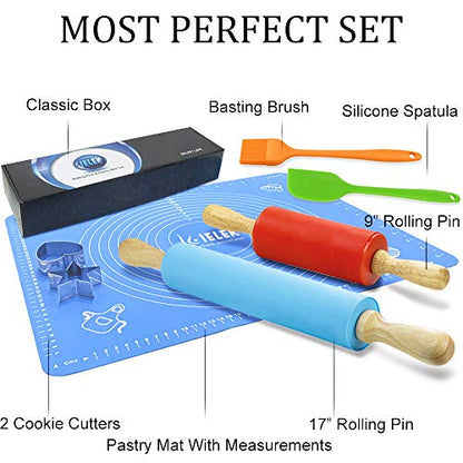 Non-Stick Rolling Pin Silicone Basting Pastry Mat Spatula Brushes Set:Combo Kit of Large and Small Dough Rollers and 2 Stainless Steel Cookie Cutters for Baking