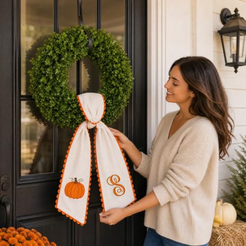 Fall Wreath Sash for Front Door with Embroidered Pumpkin & Scalloped Trim - S Variation