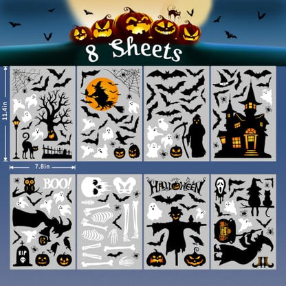 Halloween Window Clings Set - 138 Pieces, 8 Sheets, Ghost Skeleton Bat Decor A4 Variation