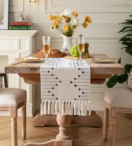 Black Beige Cotton Linen Rustic Boho Table Runner 13x108 Inches - Caflife