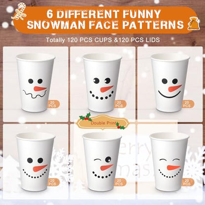Disposable Christmas Snowman Paper Cups with Lids 16 oz - Pack of 120