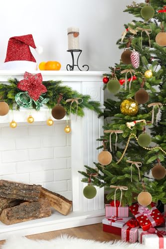Velvet Christmas Balls Set - 15pcs 3.15 Inch Flocked Ornaments with 10 Bows - Brown, Green, Khaki