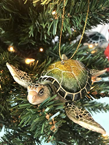 Set of 2 Coastal Christmas Ornaments - Green Sea Turtle & Red Seahorse Decor