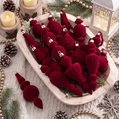 8 Pcs Burgundy Velvet Finial Christmas Tree Ornaments - Elegant Holiday Decor