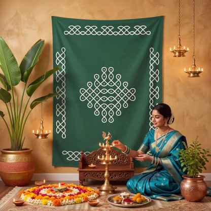 Indian Varalakshmi Pooja Backdrop Dark Green Kolam Decor 7x5ft - Traditional Festival Tapestry