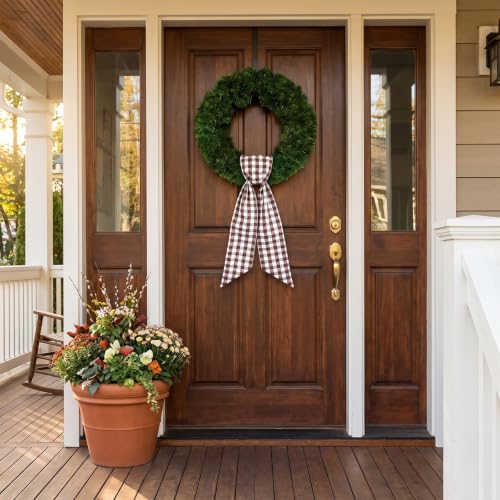 Brown White Plaid Christmas Wreath Sash - Front Door Ribbon - Variation C