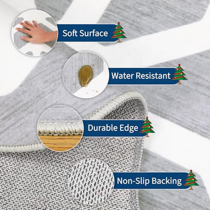 Christmas Snowflake Round Rug 4ft Grey Washable Non-Slip Low Pile Carpet for Living Room
