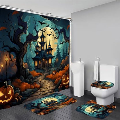 Halloween Haunted House Shower Curtain Set with Rugs - Black