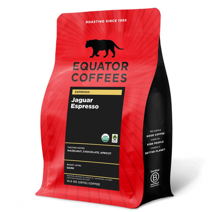 Equator Coffees, Jaguar Espresso, Organic Fine Ground Coffee, Dark Roast, Fresh Roasted, Hazelnut, Chocolate & Apricot Flavor Notes, Sustainable and Fair Trade Certified, for Moka Pots, 10.5 oz Bag