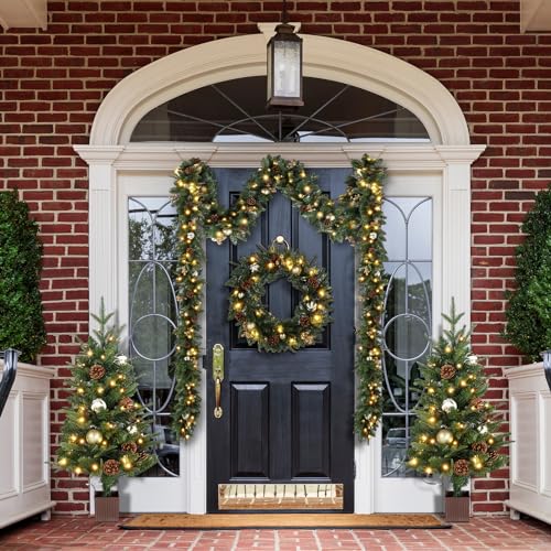 Gold Pre-lit 5-Piece Christmas Tree Set with LED Lights, Wreath & Garlands