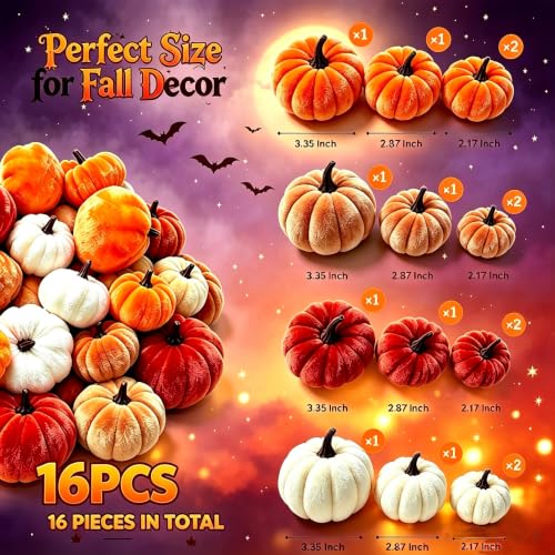 16Pcs Velvet Pumpkin Decor Set for Fall Halloween Thanksgiving - Realistic Plush Pumpkins