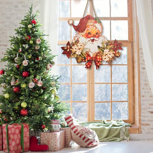 Christmas Wooden Hanging Sign Santa Welcome Door Decor for Indoor Outdoor Holiday