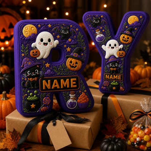 Personalized Halloween Letter Pillow with Custom Name & Initials - Soft Plush Decor