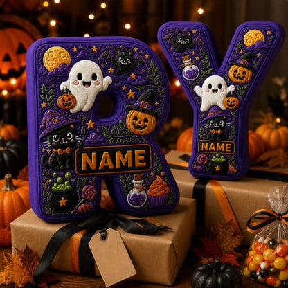 Personalized Halloween Letter Pillow with Custom Name & Initials - Soft Plush Decor